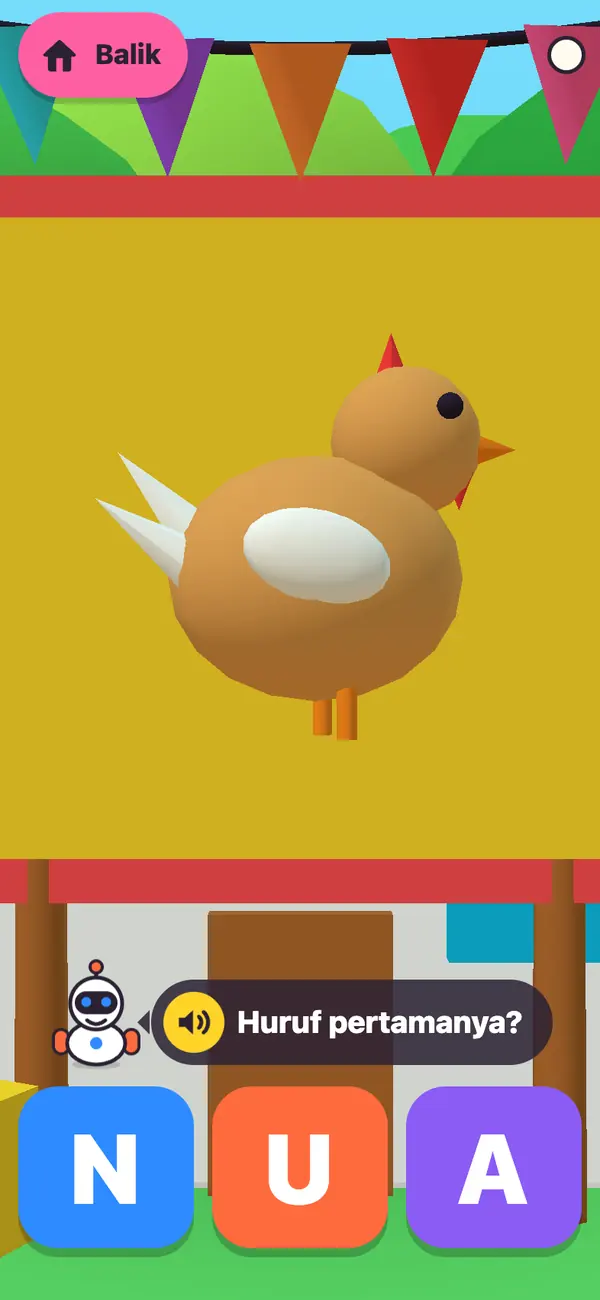 Papan bunyi awal: seekor ayam di atas papan tanda, dan tiga huruf untuk dipilih