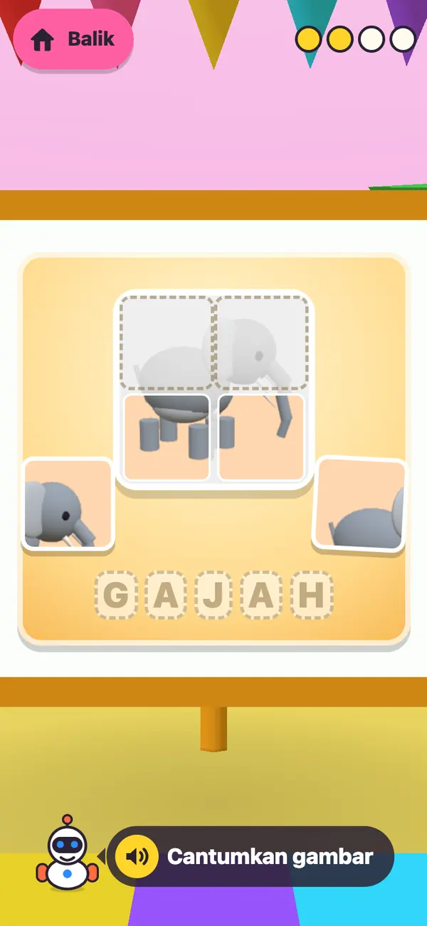 Permainan cantum gambar: gambar gajah dipotong empat keping, dua sudah di tempatnya
