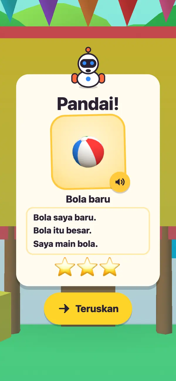 Kad habis cerita: gambar bola, dan tiga ayat cerita yang baru dibaca